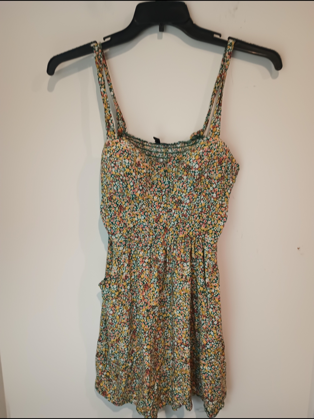 As U Wish Dress Womens Large L Floral Ditsy Smocked Rayon Sun Mini Pockets Green